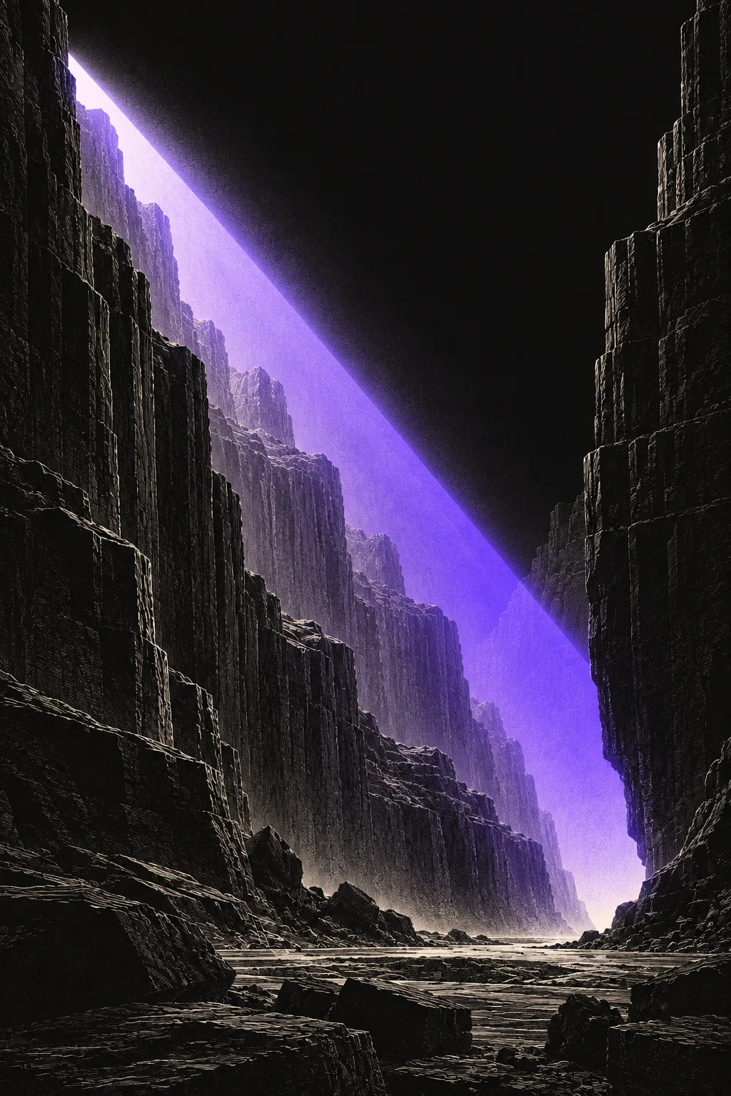 Reference plate: black basalt canyon cut by a diagonal violet beam