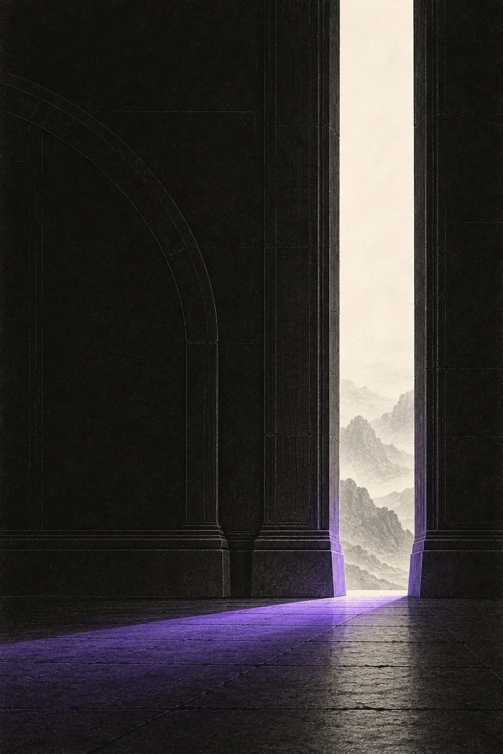 Reference plate: dark hall with a narrow doorway onto misty mountains, violet light on the floor